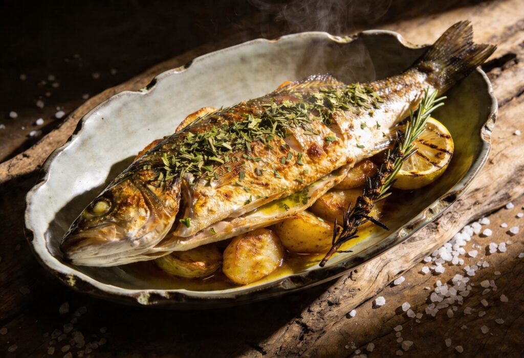 Lubina al Horno con Costra de Té Verde y Patatas Panadera